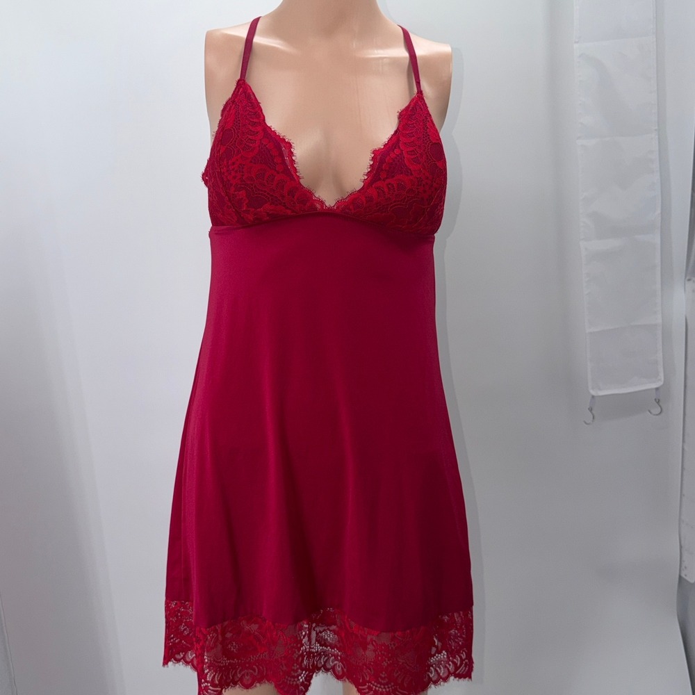 La Senza Womens Medium Red Lace Satin Chemise Nightgown Lingerie Romantic Sexy